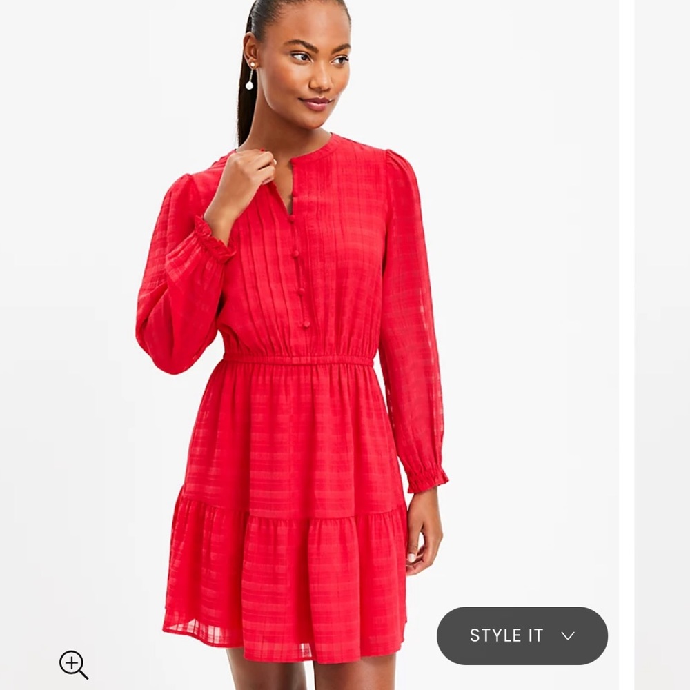 Loft Plaid Pintucked Tiered Flare Dress in Red, Size Medium - Picture 11 of 16